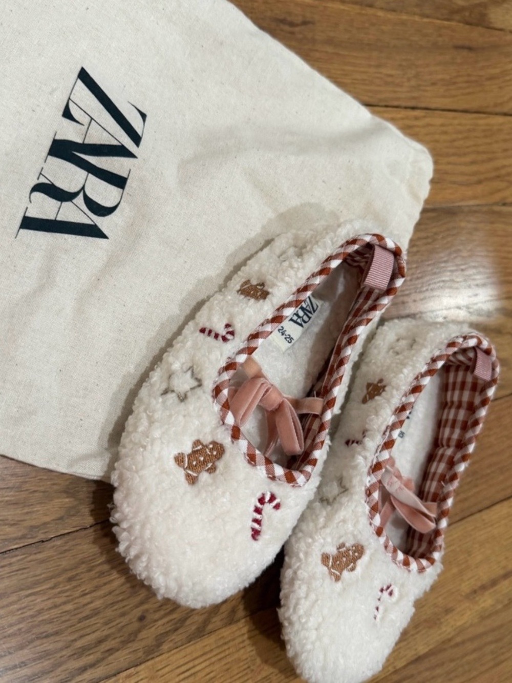 ZARA Cream Sherpa Kids Slippers with Pink Gingham Trim and Embroidered Accents